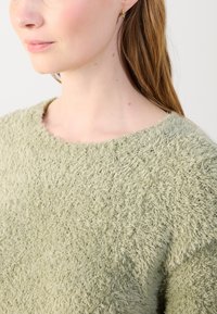 Textured, light green sweater with a cozy, fuzzy fabric. Features a wide, rounded neckline and short, slightly dropped sleeves.