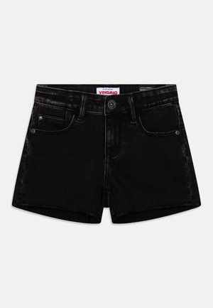 Sort denimshorts med knap og lynlås foran, to lommer foran og en lille møntlomme, lagt fladt mod en hvid baggrund.