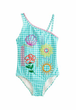 Eén stuk badpak met een turkoois ruitpatroon, met kleurrijke geborduurde schelp, bloemen en zon details. Ontwerp met één schouderband.