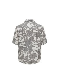 Camisa de manga corta en color beige claro con un intrincado patrón floral en gris, que presenta un cuello y un corte relajado. La vista trasera muestra un canesú.