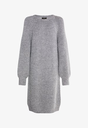 Harmaa neulottu mekko, jossa on pyöreä pääntie, pitkät puff-hihat ja ribbireunat. Ominaisuuksia rento istuvuus ja teksturoitu kangas.