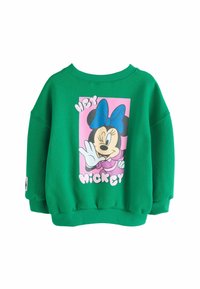 Grøn sweatshirt lavet af bomuld, med en frontal grafik af en tegnefilmsfigur med en stor blå sløjfe, samt teksten "HEY MICKEY" i hvid.