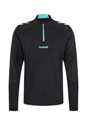 Czarna bluza z długim rękawem i suwakiem przy kołnierzu. Posiada zielone akcenty i teksturowany wzór na rękawach. Logo z przodu: "hummel."
