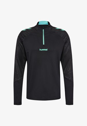 Schwarzer Langarm-Pullover mit Reißverschluss am Kragen. Verfügt über grüne Akzente und ein strukturiertes Muster an den Ärmeln. Logo vorne: „hummel.“