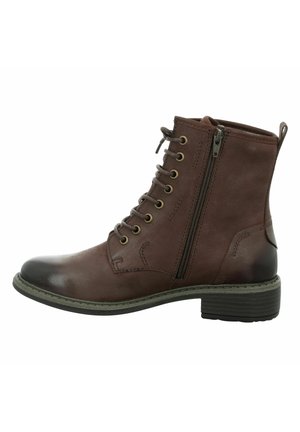 Brown leather ankle boots with a rounded toe, lace-up front, side zipper, and stacked heel. Features contrasting stitching and subtle design accents.