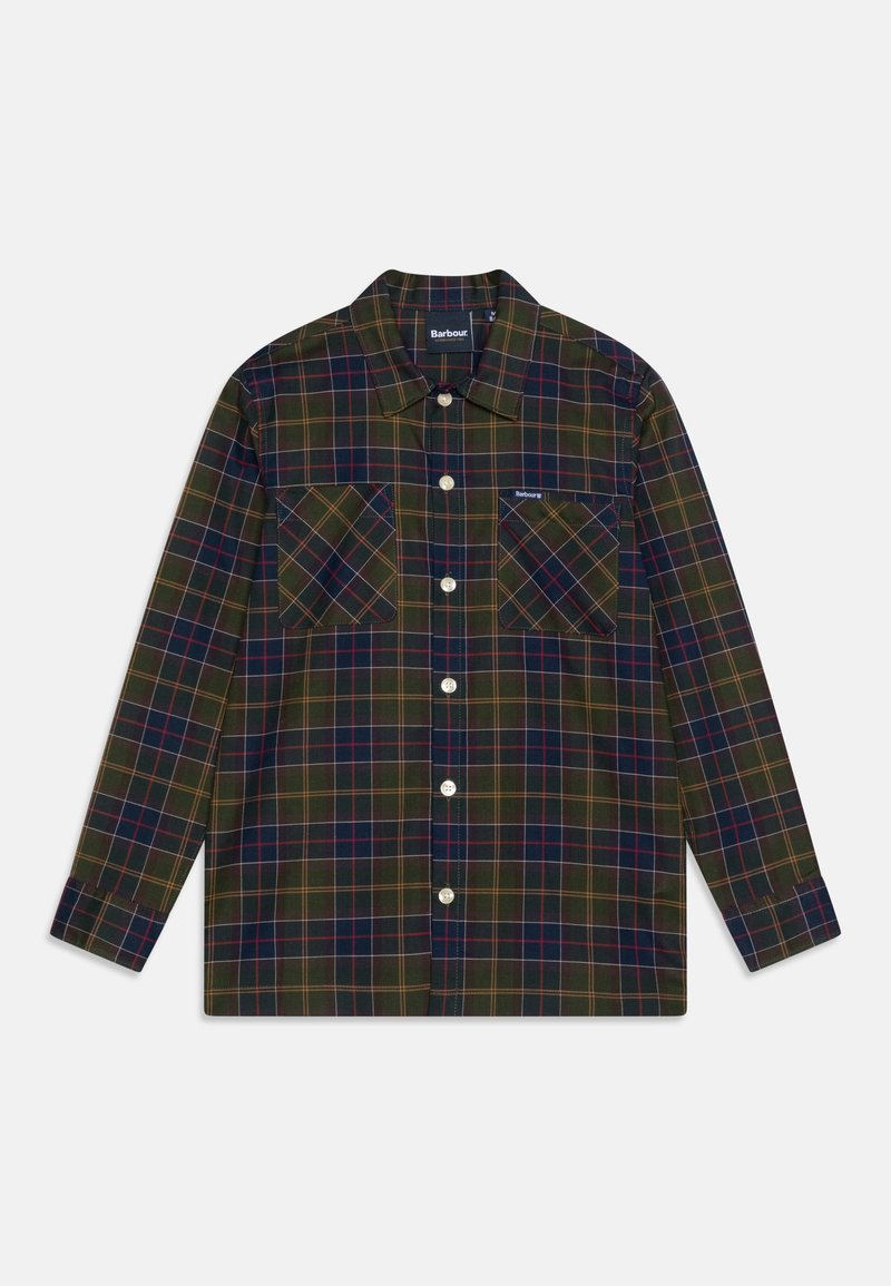 Chemise à manches longues à carreaux vert foncé avec des lignes bleu marine, rouge et jaune, fermeture à boutons à l'avant, deux poches poitrine et un col.