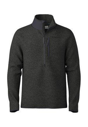 Mörkgrå fleecepullover med hög krage och kvartdragkedja. Har grå accenter runt kragen och en strukturerad textil.