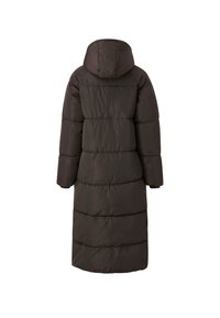 Lange, donkerbruine pufferjas met een capuchon, met een gequilt ontwerp, afgeronde zoom en brede mouwen. De stof ziet er soepel en lichtgewicht uit.