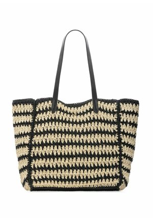 Duża pleciona torba na ramię z czarno-beżowymi poziomymi paskami i dwoma długimi czarnymi uchwytami.