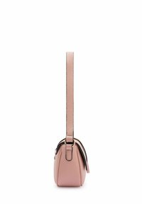 Roze lederen handtas met een gestructureerd oppervlak, een enkele lange schouderriem en een strakke vorm. Bevat gouden hardware accenten.