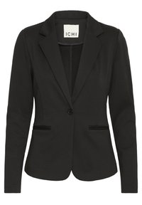 Černý blazer s klopovým límcem, zapínáním na jeden knoflík, dvěma předními kapsami a decentními švy, vyrobený z hladké tkaniny.