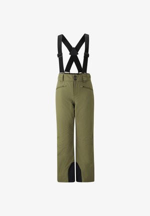 Green ski pants with adjustable black suspenders, two front pockets, reinforced sections at the ankles, and a streamlined design.