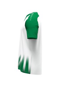 Groene en witte T-shirt met korte mouwen en knoopsluiting, met een verloopstreepontwerp aan de onderzijde en een gladde stoftextuur.