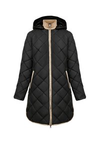 Sort quiltet frakke med hætte, der har en beige foring, lynlås foran og sidelommer. Fremhævet med diagonale syninger og kontrasterende kanter.