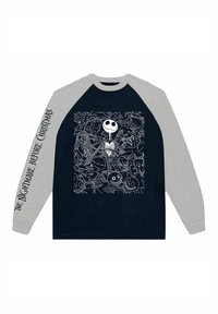 Long-sleeve shirt with a navy body and gray sleeves. Features a graphic of Jack Skellington and other characters in white outline. Text reads “The Nightmare Before Christmas.”