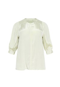 Blusa verde chiaro iridescente con maniche a sbuffo a tre quarti, corpetto plissè e chiusura con bottoni. Texture satinata liscia con righe verticali.