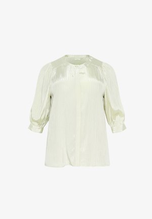 Iridescentas gaismi zaļš blikums ar trim ceturtdaļa puff piedurknēm, izplešas piestiprinājuma un pogu aizdari. Gluda satīna tekstūra ar vertikālām svītrām.