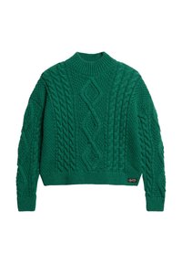 Pull en tricot vert avec un col haut, présentant des motifs en maille torsadée et des accents texturés. Comprend une petite étiquette de logo sur l'ourlet.