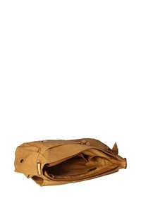 Borsa a spalla in tela marrone con dettagli in pelle, dotata di apertura con zip, interno spazioso e tasche esterne per ulteriore spazio di archiviazione.