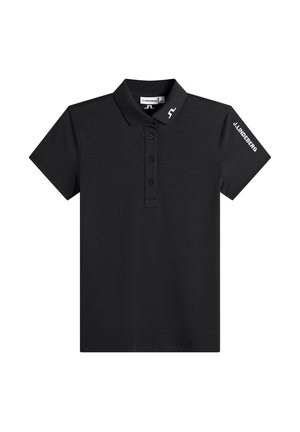 Polo noir à manches courtes avec trois boutons, col, logo JL sur le col droit, et texte "J. Lindeberg" sur la manche gauche.