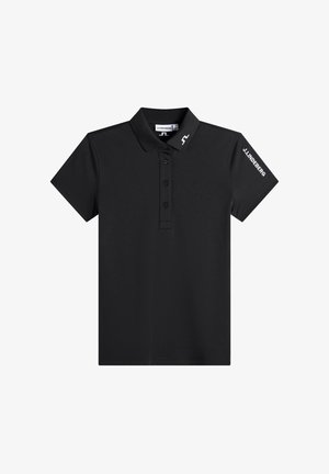 Polo noir à manches courtes avec trois boutons, col, logo JL sur le col droit, et texte "J. Lindeberg" sur la manche gauche.