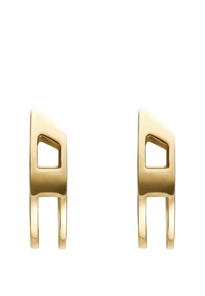 Ohrstecker aus goldfarbenem Metall mit geometrischem Design und offenem dreieckigem Ausschnitt. Glatte Oberfläche mit poliertem Finish.