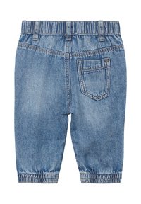 Pantaloni in denim azzurro chiaro con vita elastica, gambe a sigaretta e una tasca sul retro. Presentano una finitura sbiadita e dettagli di cucitura visibili.