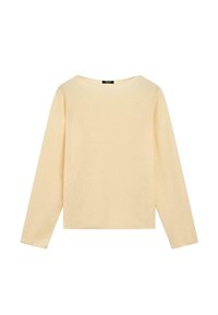 Maglione lavorato a maglia color crema a maniche lunghe con scollatura a barca, esposto in piano su uno sfondo bianco.