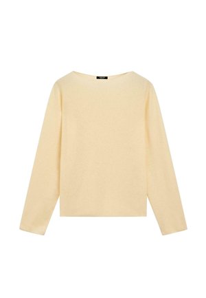 Maglione lavorato a maglia color crema a maniche lunghe con scollatura a barca, esposto in piano su uno sfondo bianco.