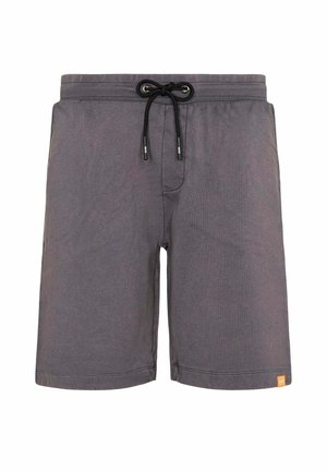 Pantaloncini casual grigio carbone con vita con coulisse nera e piccola etichetta logo arancione sull'orlo inferiore, vista frontale su sfondo bianco.