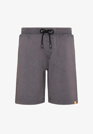 Pantaloncini casual grigio carbone con vita con coulisse nera e piccola etichetta logo arancione sull'orlo inferiore, vista frontale su sfondo bianco.