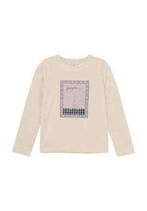 Cremfarbendes Langarmshirt mit einem grafischen Design, das den Eiffelturm und das Wort "bonjour!" vor einem pinken, gemusterten Hintergrund zeigt.