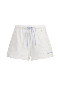 Shorts en coton gris clair avec une taille élastique et un cordon de serrage lavande. "New York" brodé en lavande sur le bas à gauche.