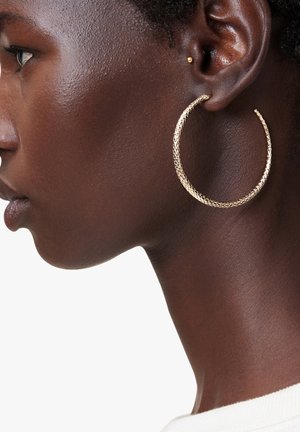 Orecchino ad anello tono oro con superficie texture, caratterizzato da una forma circolare, che mostra un bordo liscio e dettagli di design intricati.