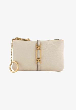 Textured cream leather pouch with a gold zipper, chain link accent, and round keyring detail. Simple rectangular design with no patterns.