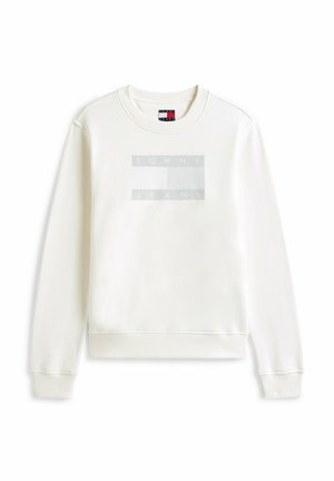 Sudadera blanca de algodón con un logotipo rectangular gris que muestra los textos "TOMMY" y "JEANS". Cuello redondo y puños acanalados. Textura suave.