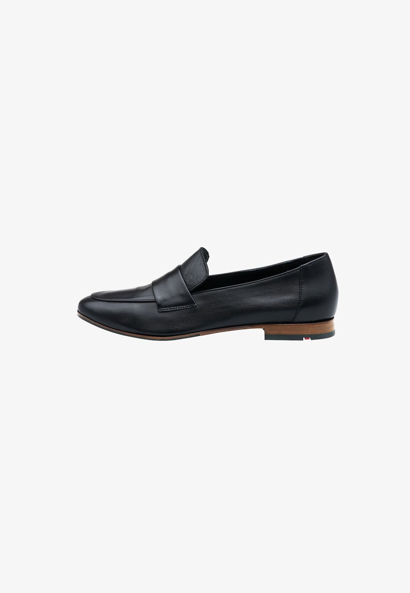 Black leather loafer with a pointed toe, a decorative strap across the front, and a low wooden heel with a red accent on the sole.