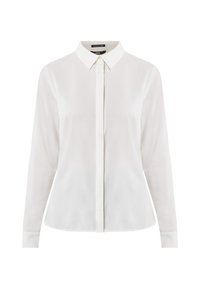 Camicia bianca a maniche lunghe con colletto classico, chiusura a bottoni e tessuto liscio. Presenta un design fitted e polsini sartoriali.