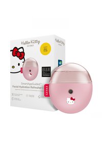Brume d'hydratation pour le visage Hello Kitty, design circulaire rose, finition brillante, avec un petit graphique de Hello Kitty, emballée dans une boîte blanche.