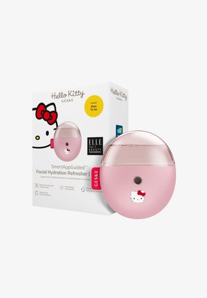 Hello Kitty gezichtshydratatie verfrisser, roze ronde ontwerp, glanzende afwerking, voorzien van een kleine Hello Kitty graphic, verpakt in een witte doos.