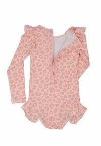 Langærmet pink leopardprint badedragt med flæsedetaljer, frontlynlås og tekstureret stof. Velegnet til vandaktiviteter.