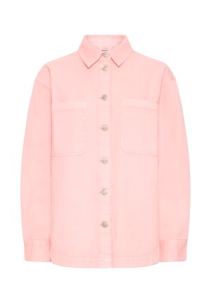 Gaiši rozā pogājama jaka ar apkakli, divām lielām priekšējām kabatām un garām piedurknēm, attēlota uz baltas fona.