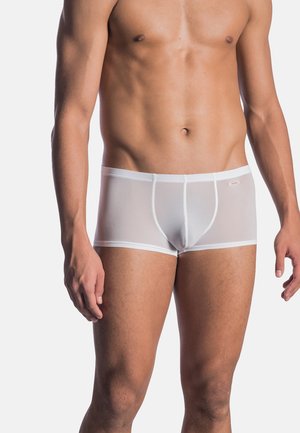 Weiße Herren-Boxershorts aus durchsichtigem Material mit einem festen Bund und dezenten Nähten. Flache Nähte und keine sichtbaren Logos.
