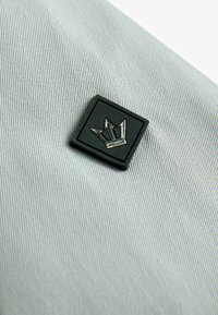 Insigna din cauciuc negru cu detalii argintii, având un design cu o coroană, montată pe un material texturat de culoare gri deschis cu dungi verticale.