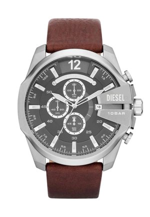 Men’s Diesel chronograph watch with brown leather strap, black dial, silver markers, date window, and 10-bar water resistance.