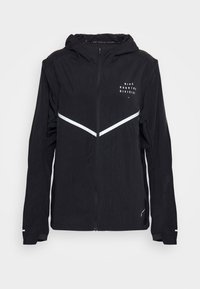 Veste de running noire Nike avec fermeture éclair complète à l'avant, capuche, manches longues et détails réfléchissants blancs en chevron et logo.