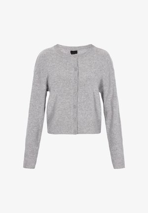 Sivý pletený kardigán s okrúhlym výstrihom, dlhými rukávmi a zapínaním na gombíky vpredu. Textúrovaná tkanina a rebrované detaily.