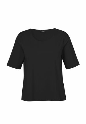 Schwarze Damenbluse mit kurzen Ärmeln, rundem Ausschnitt und leicht ausgestelltem Saum, präsentiert auf weißem Hintergrund.