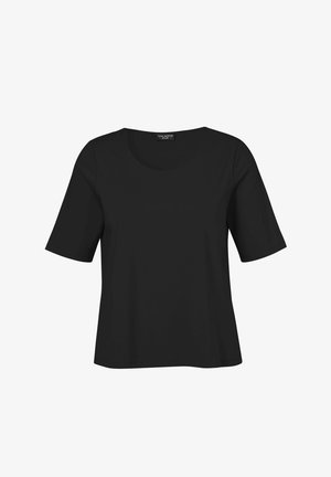 Schwarze Damenbluse mit kurzen Ärmeln, rundem Ausschnitt und leicht ausgestelltem Saum, präsentiert auf weißem Hintergrund.