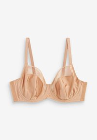 Beige bh met doorschijnende netten cups, onderdraden ondersteuning, verstelbare bandjes en een gladde stofafwerking, ontworpen voor comfort en pasvorm.